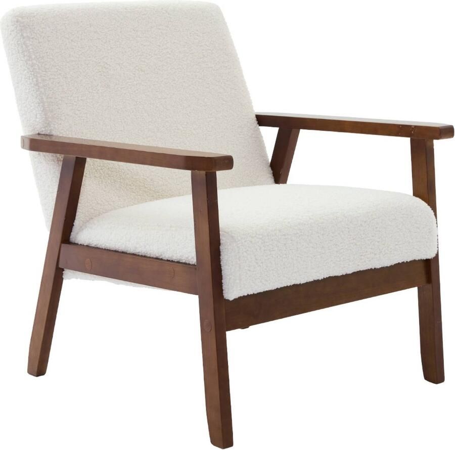 Sweeek Scandinavische fauteuil in licht walnoot gebeitst heveahout en boucléstof isak b 61 x d 65 x h 73cm