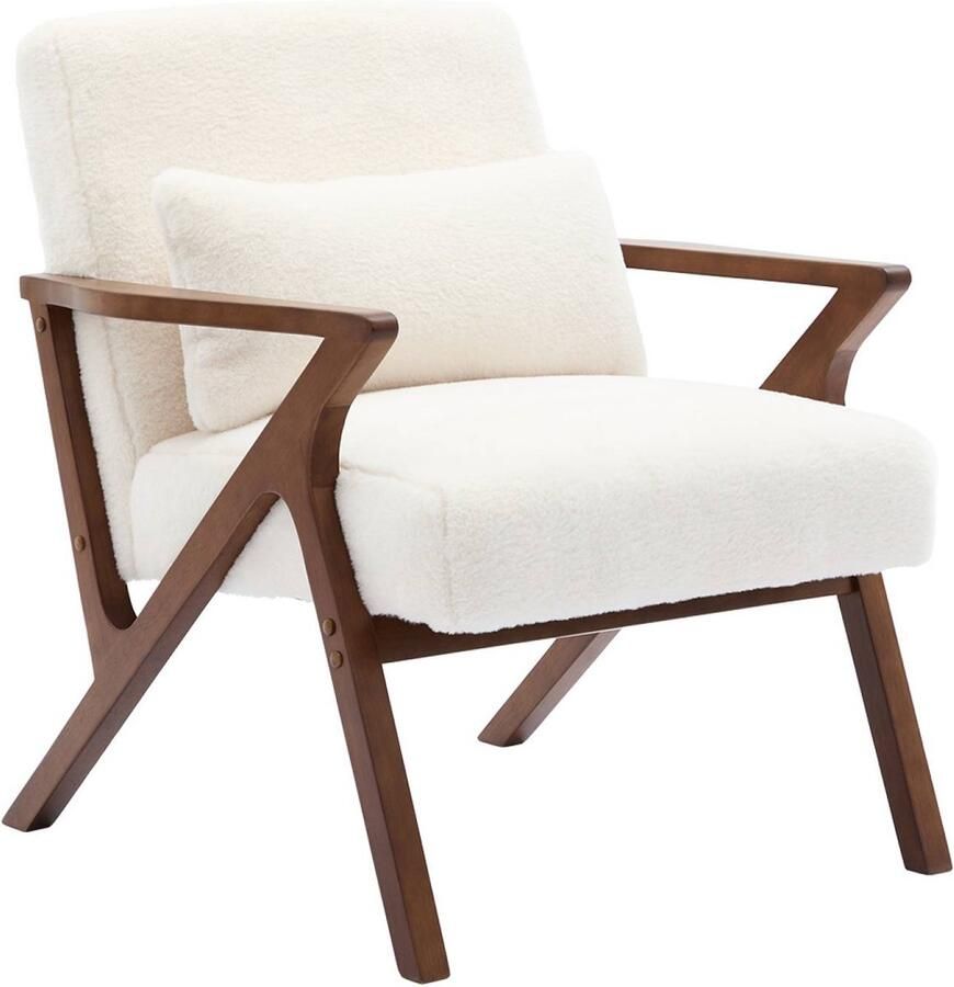 Sweeek Scandinavische fauteuil in met walnoot gebeitst heveahout en stof met imitatiebonteffect