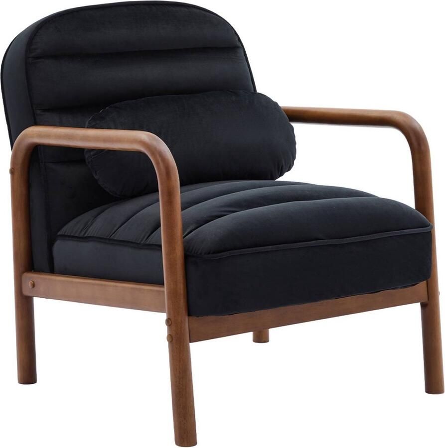 Sweeek Scandinavische fauteuil in met walnoot gebeitst heveahout en fluwelen stof