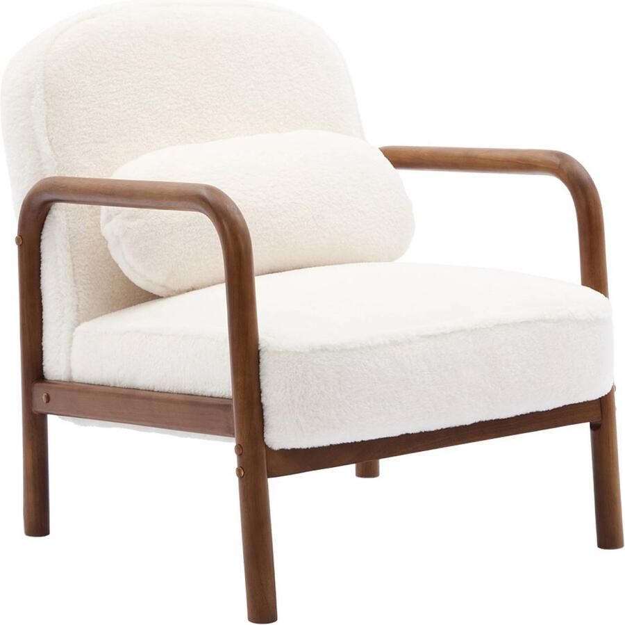 Sweeek Scandinavische fauteuil van licht walnotenhout met hevea en stof van imitatiebont