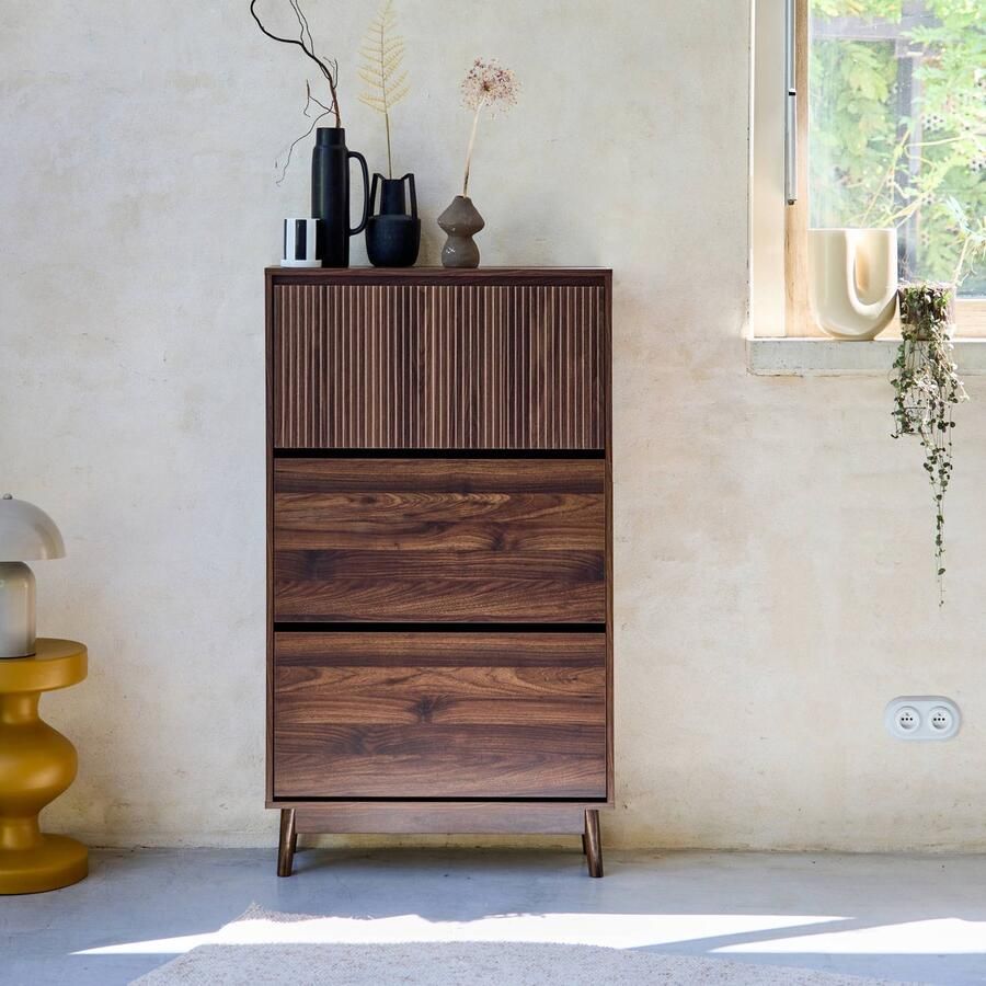 Sweeek Scandinavische schoenenkast houtdecor 3 vakken capaciteit 18 paar schoenen