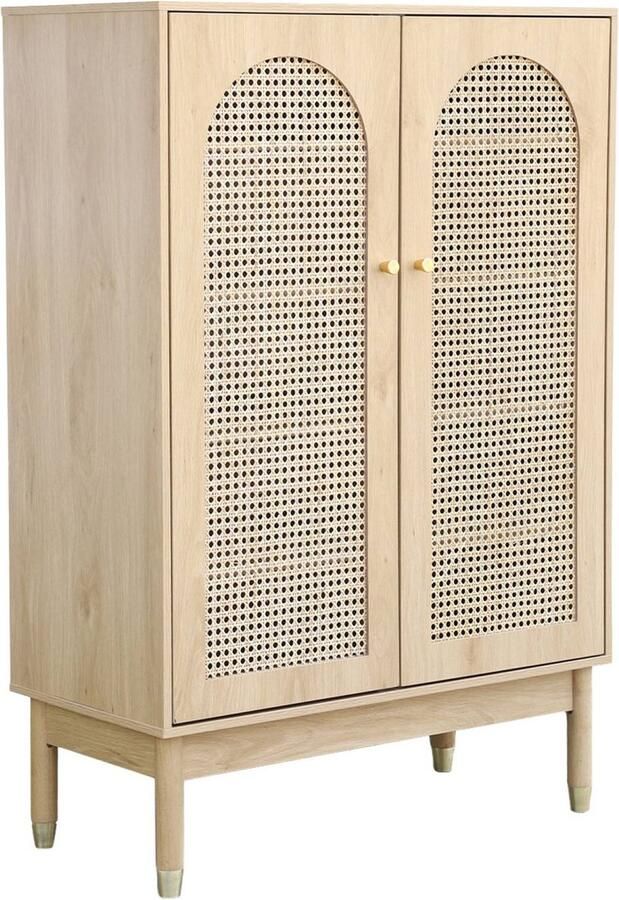 Sweeek Schoenenkast klein dressoir met 2 deuren en rotan judith 20 paar schoenen 4 planken voeten van rubberhout met gouden afwerking