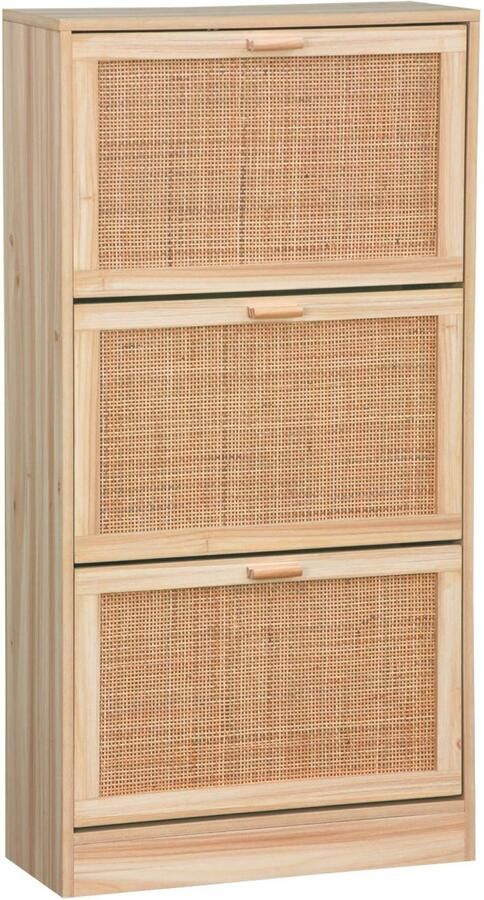 Sweeek Schoenenkast met 3 deuren rotan en houten decor