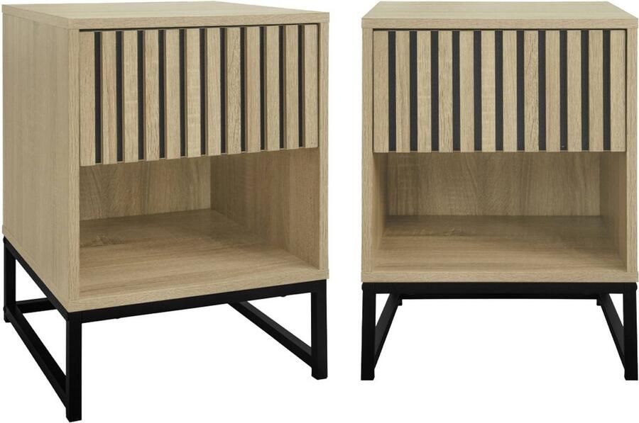Sweeek Set van 2 nachtkastjes in moderne stijl met 1 lade in gegroefd houteffect (systeem om te openen) en 1 vak onderstel van zwart metaal
