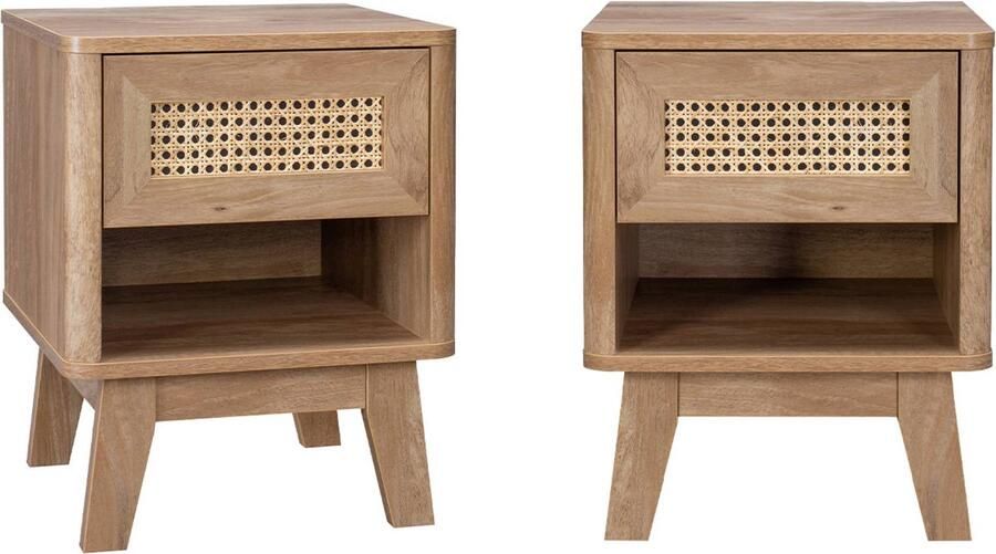 Sweeek Set van 2 nachtkastjes met 1 lade en 1 vak hout- en rieteffect eucalyptuspoten