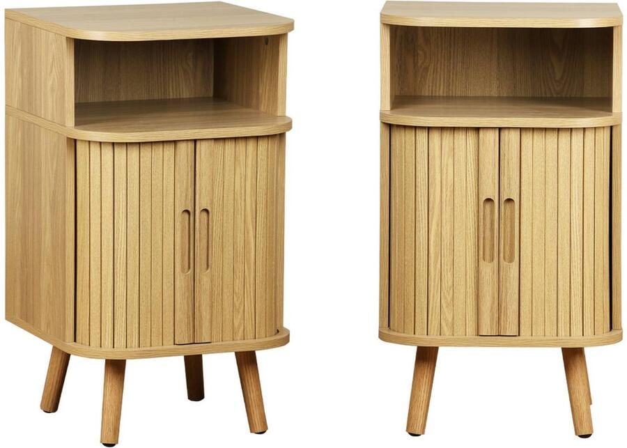 Sweeek Set van 2 nachtkastjes met 2 schuifdeuren + 1 gegroefd vak met houteffect b 40 x d 40 x h 70cm