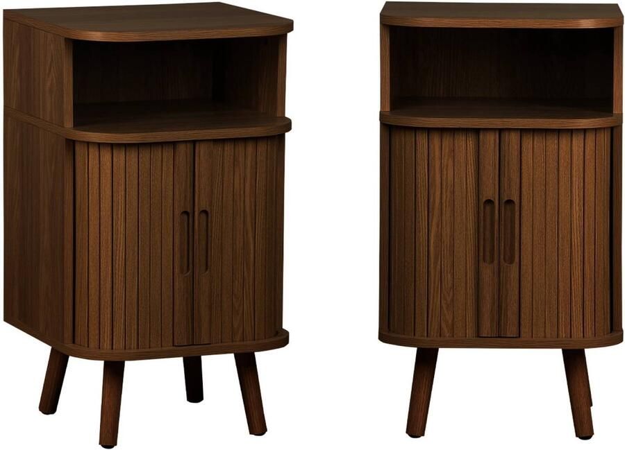 Sweeek Set van 2 nachtkastjes met 2 schuifdeuren + 1 gegroefd vak met houteffect b 40 x d 40 x h 70cm