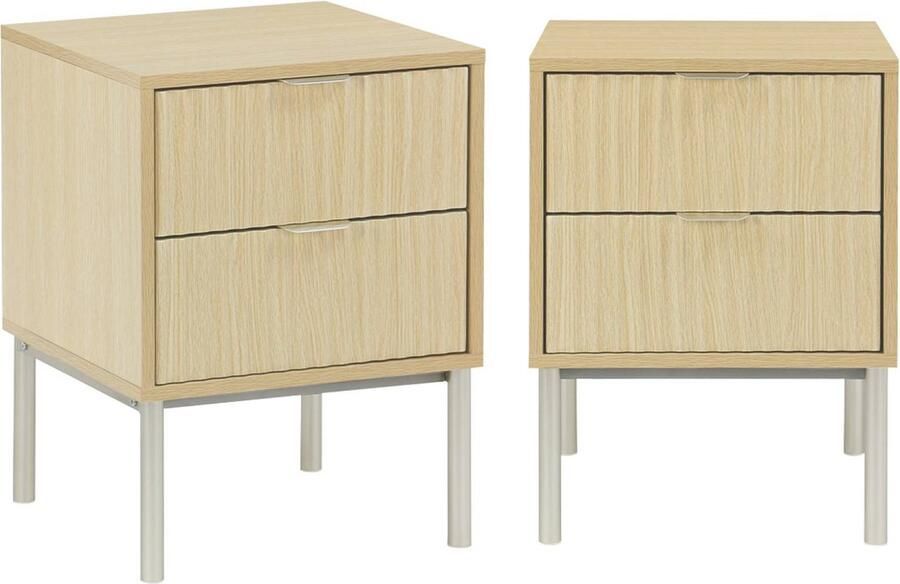 Sweeek Set van 2 nachtkastjes met gegroefd hout- en metaaleffect champagne metalen poten 2 laden