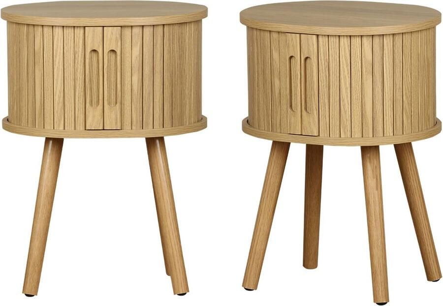 Sweeek Set van 2 ovale nachtkastjes met 2 schuifdeuren gegroefd houteffect l40 x b34 x h548cm