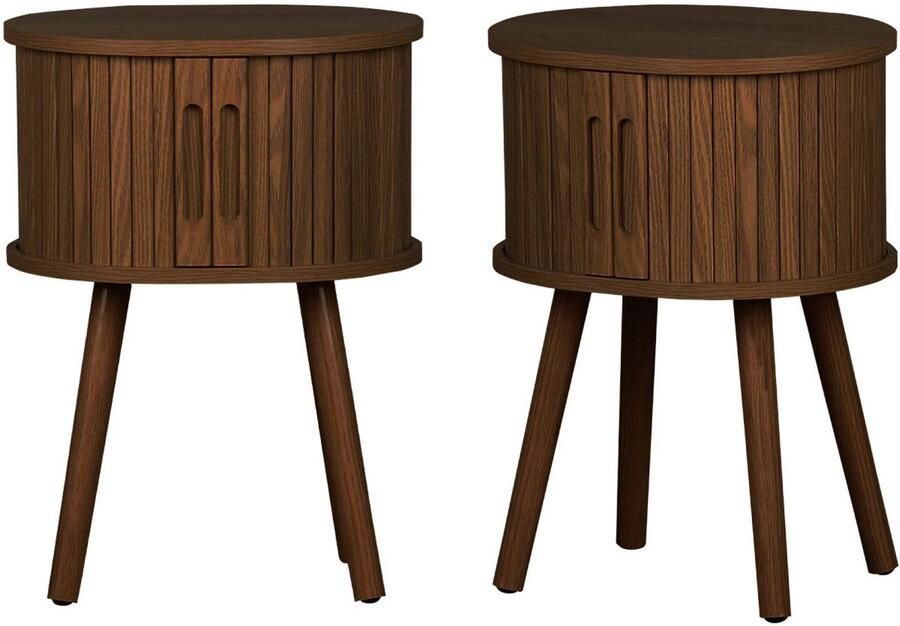 Sweeek Set van 2 ovale nachtkastjes met 2 schuifdeuren gegroefd houteffect l40 x b34 x h548cm