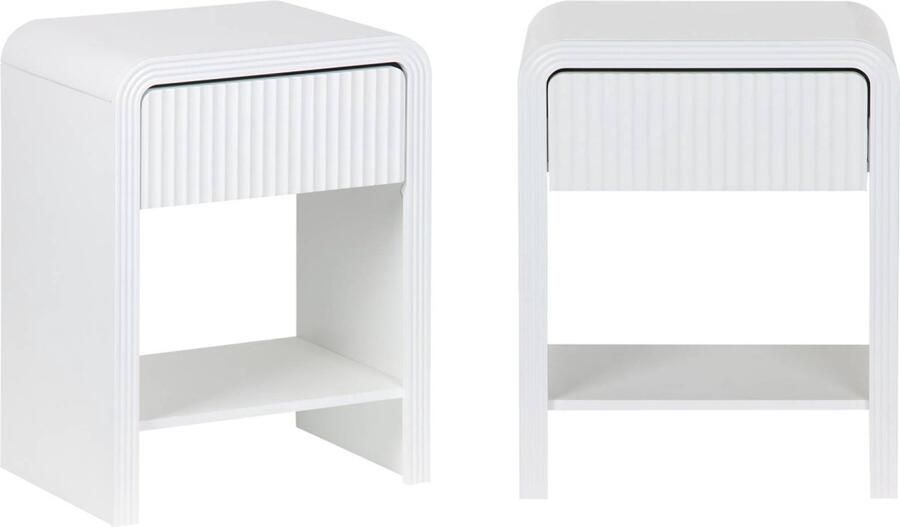 Sweeek Set van 2 witte nachtkastjes met gegroefd houteffect 1 lade 1 plank