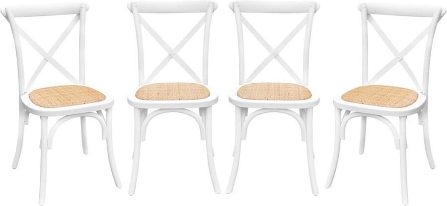 Sweeek Set van 4 houten bistrostoelen vintage rotan zitting stapelbaar