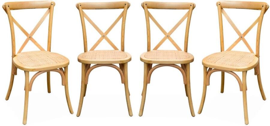 Sweeek Set van 4 houten bistrostoelen vintage rotan zitting stapelbaar