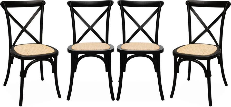 Sweeek Set van 4 houten bistrostoelen vintage rotan zitting stapelbaar