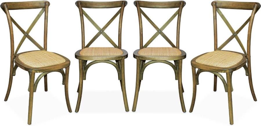 Sweeek Set van 4 houten bistrostoelen vintage rotan zitting stapelbaar
