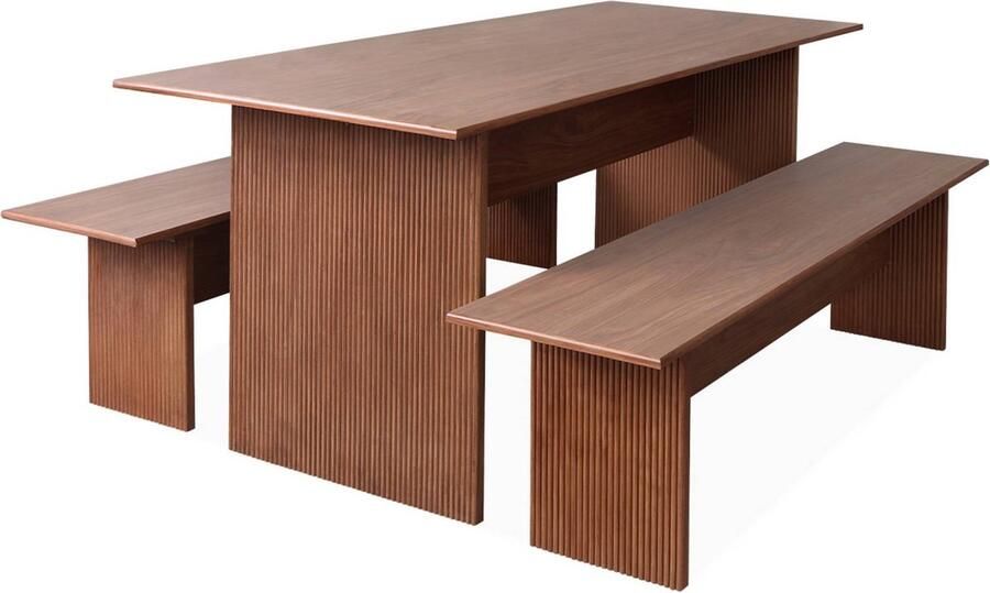 Sweeek Set van 4-persoons rechthoekige eettafel en 2 banken met houtsnijwerkeffect