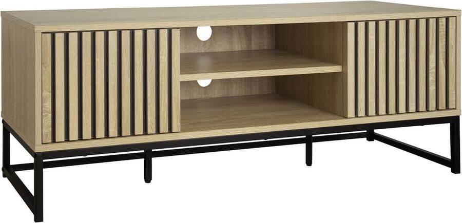 Sweeek Tv-meubel met gegroefd houtdecor en zwart metalen onderstel druksysteem l 120