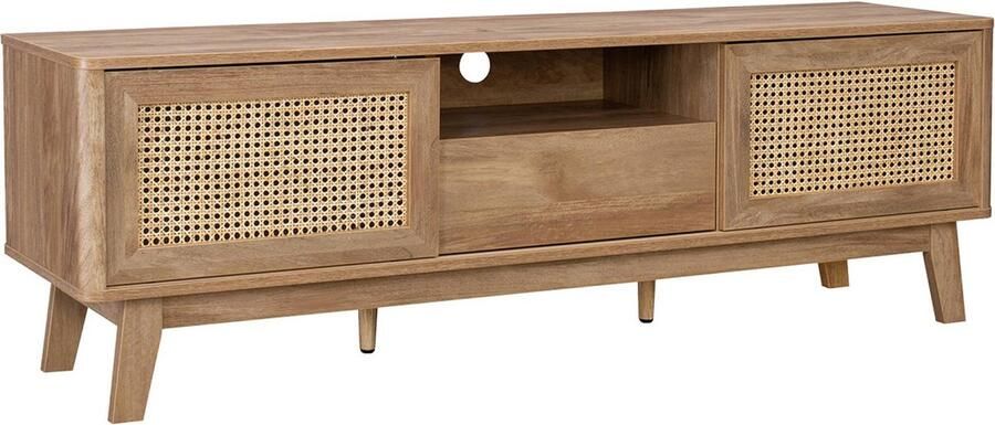 Sweeek Tv-meubel met schuifdeuren gesloten kastje plank met hout- en rietmotief 150cm