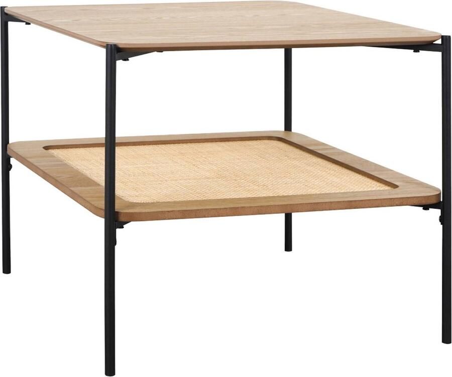 Sweeek Vierkante vintage salontafel met dubbele bladen in houtlook en vlechtwerk voet en structuur in zwart metaal