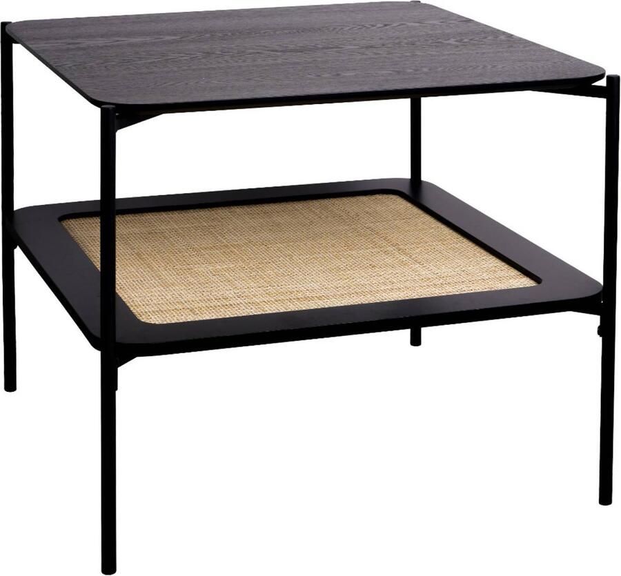 Sweeek Vierkante vintage salontafel met dubbele bladen in houtlook en vlechtwerk voet en structuur in zwart metaal