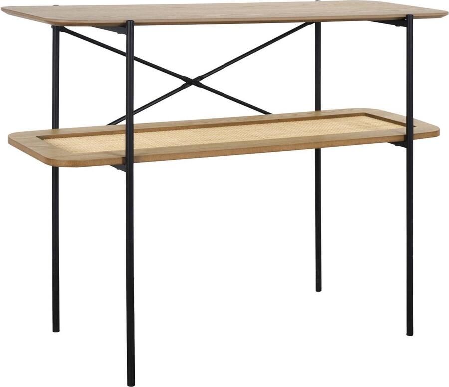 Sweeek Bijzettafel vintage 100 cm met dubbele tafelbladen in houteffect en vlechtwerk met een onderstel en structuur in zwart metaal