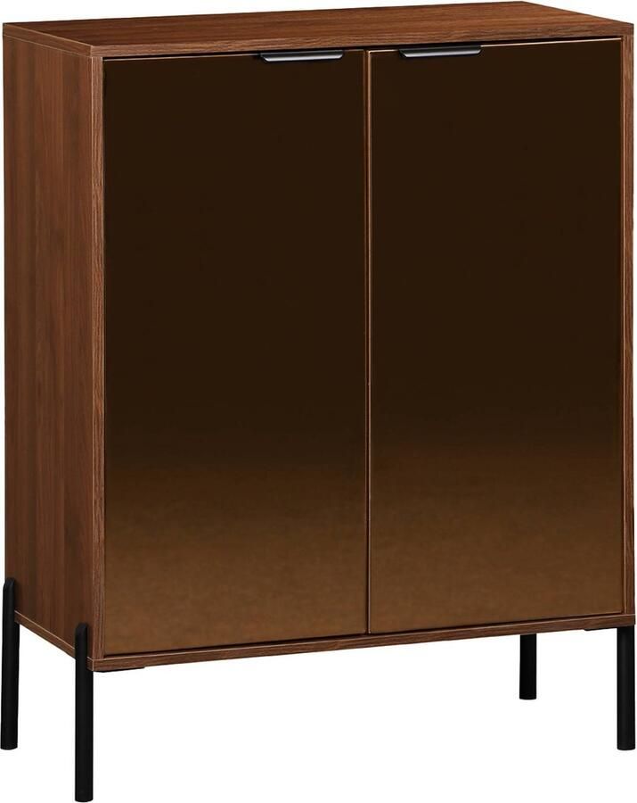 Sweeek Vintage dressoir met walnooteffect en twee glazen deuren met rookkleurig glas