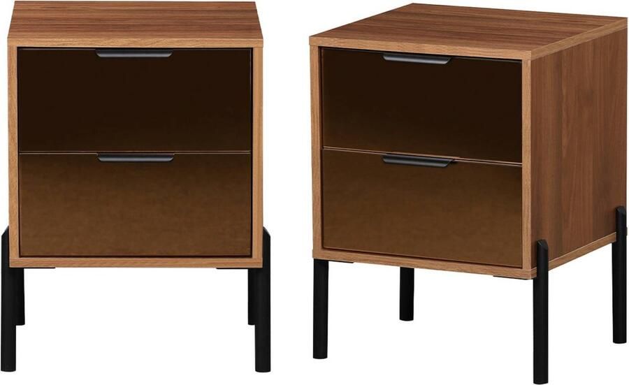 Sweeek Vintage nachtkastje met 2 laden houteffect en rookkleurig glas b 43 x d 38 x h 54 8cm (set van 2)