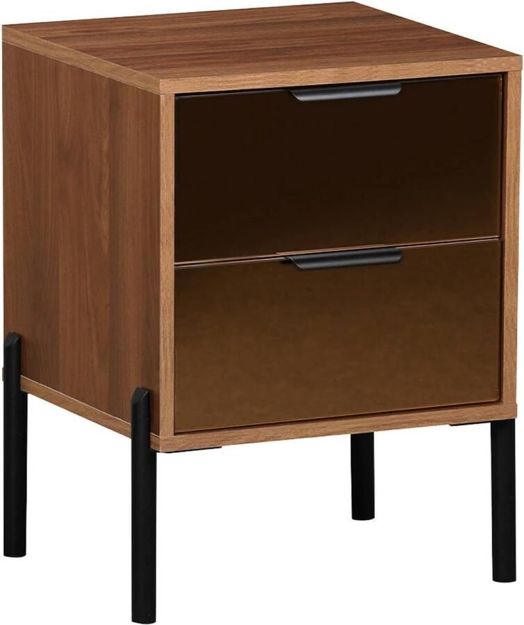 Sweeek Vintage nachtkastje met 2 laden houteffect en rookkleurig glas b 43 x d 38 x h 54 8cm