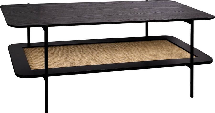 Sweeek Vintage salontafel van 110 cm met dubbele bladen in houtlook en vlechtwerk met een onderstel en structuur van zwart metaal