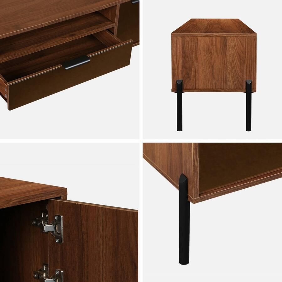 Sweeek Vintage walnoot tv-meubel met houteffect afwerking met rookkleurig glas metalen poten en handgrepen l 151 5 x 38 x 44 7cm