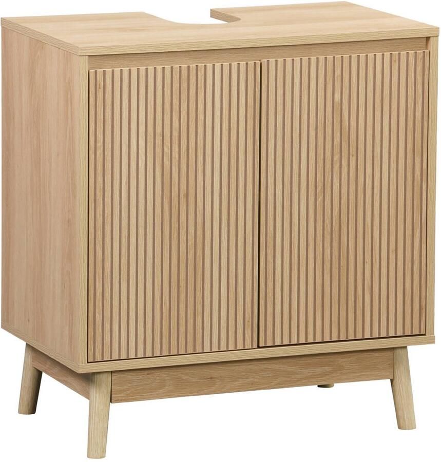 Sweeek Wastafelmeubel linear met 2 deuren gestreepte fronten dennenhouten pootjes 65 x 40 x 70 cm