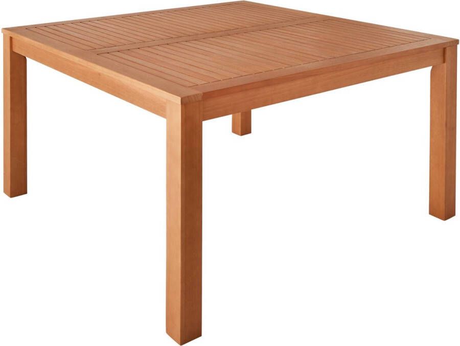 Sweeek Vierkante tuintafel in fsc eucalyptushout met parasolgat 8 zitplaatsen 140x140cm