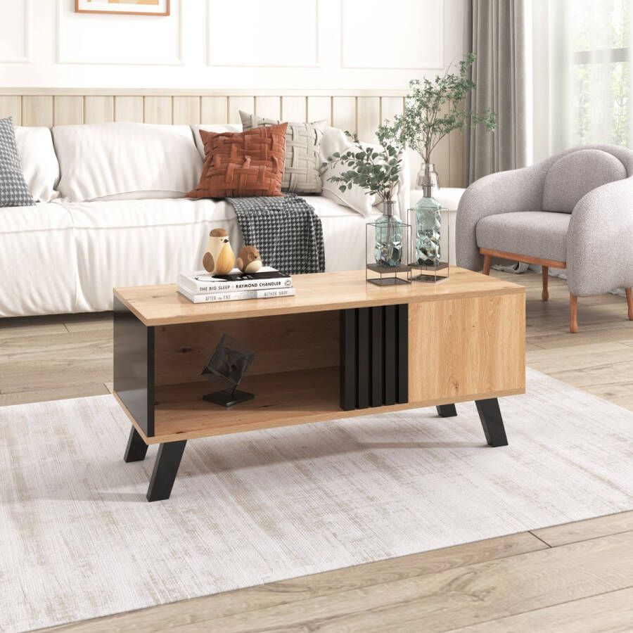 Sweiko 100 x 60 x 53 cm grote salontafel in gekleurd hout en zwart design woonkamer tafel met lade bijzettafel veelzijdige opbergruimte en unieke uitstraling