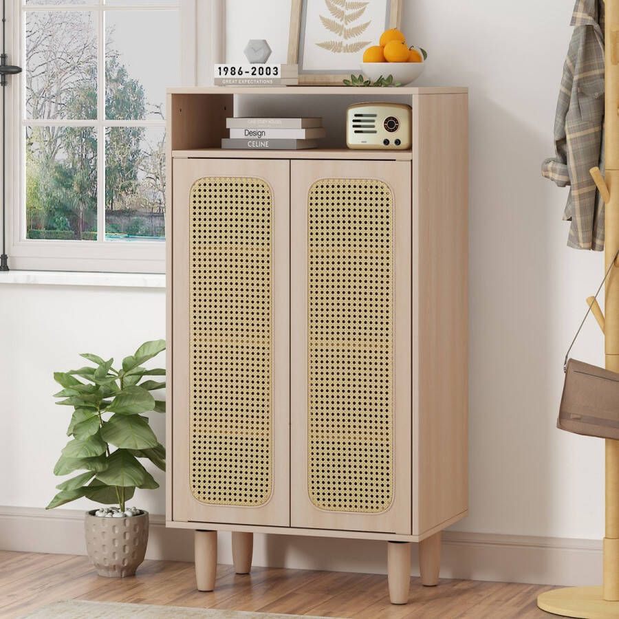 Sweiko 115cm hoge houten opbergkast ademende rotan deur verstelbare planken open opbergvak