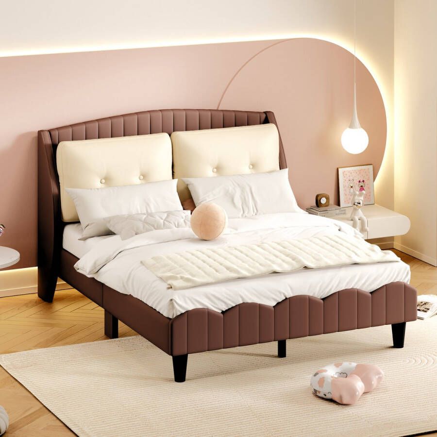 Sweiko 140 x 200 cm gestoffeerd bed met Platte noedelslijst rugleuning en twee grote kussens tweepersoonsbed gemaakt van PU leer geschikt voor volwassenen en tieners Bruin
