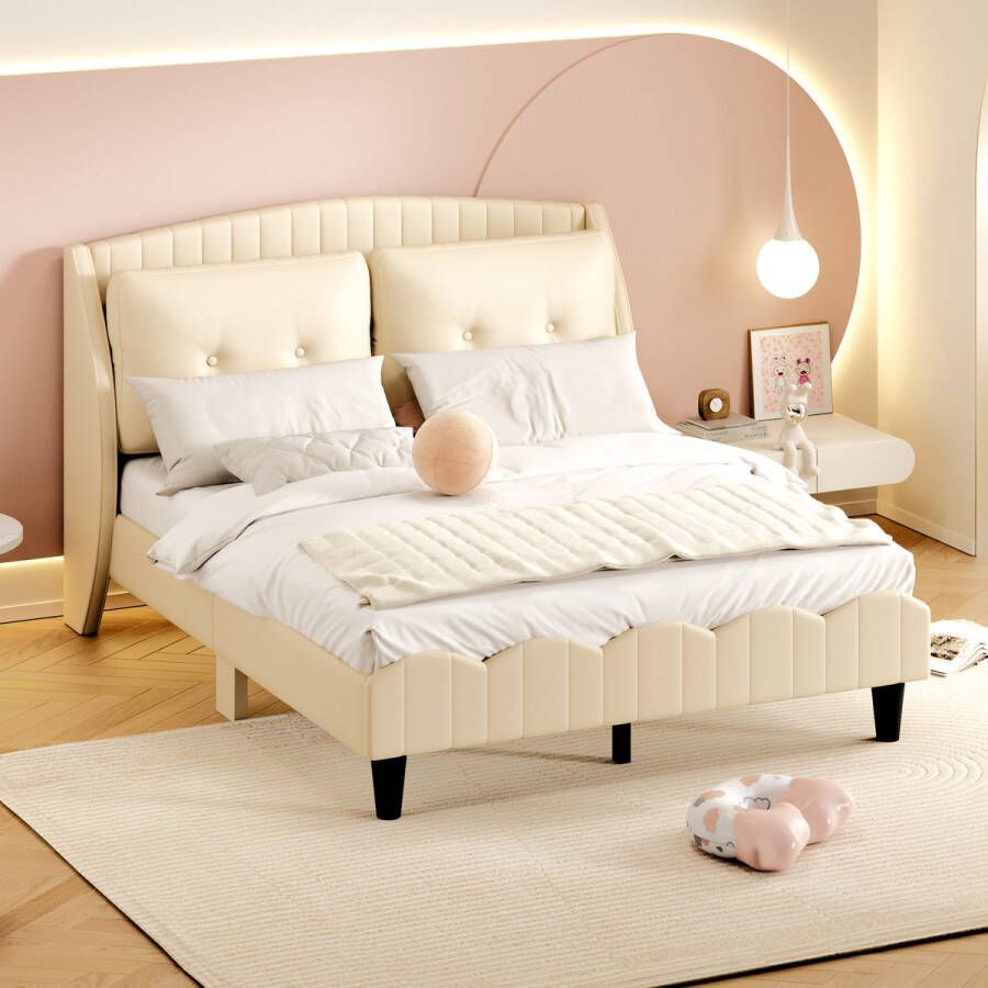 Sweiko 140 x 200 cm gestoffeerd bed met Platte noedelslijst rugleuning en twee grote kussens tweepersoonsbed gemaakt van PU leer geschikt voor volwassenen en tieners Beige
