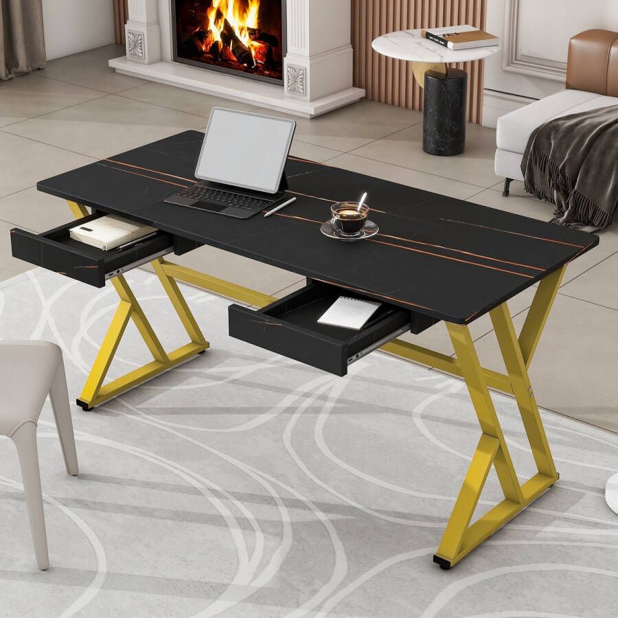 Sweiko 150cm groot licht luxe bureau Computer bureau met twee lades (goud zwart gemarmerd)