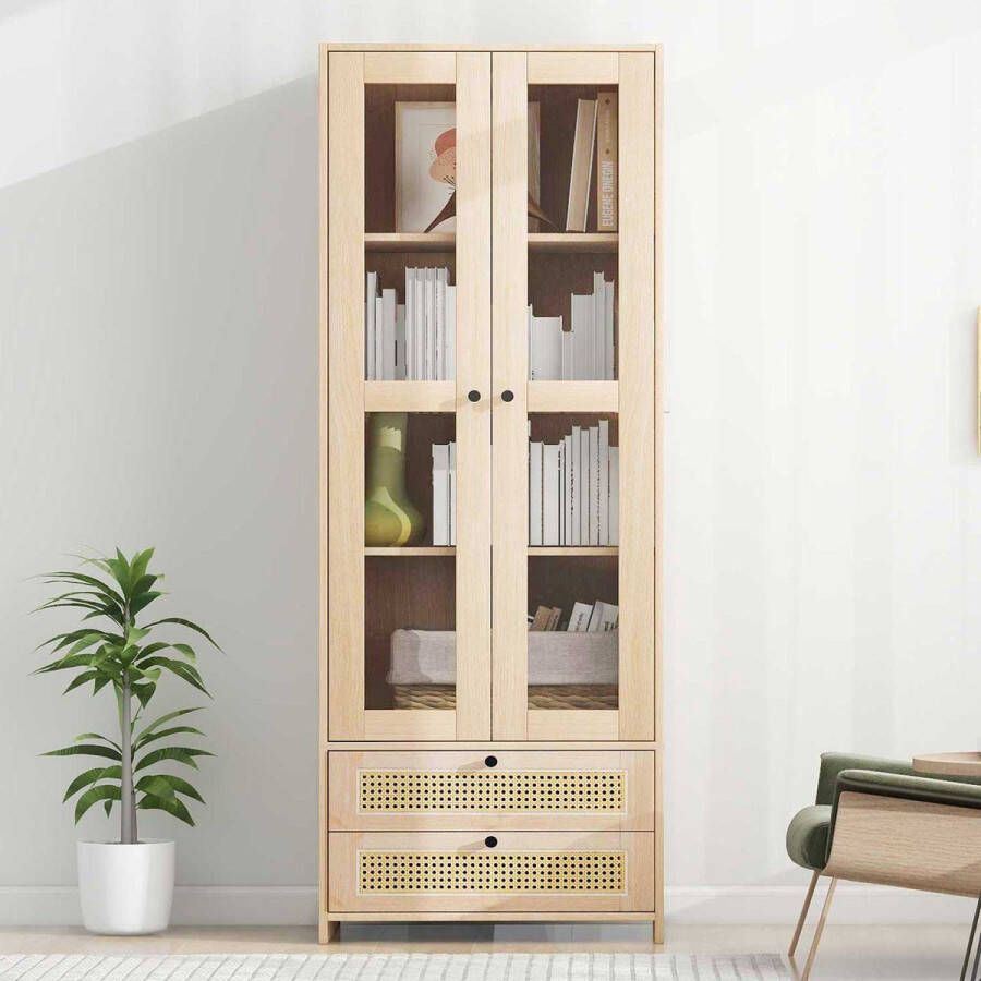 Sweiko 170cm dossierkast vitrinekast uitgerust met rotanladen transparante deuren en kantelbeveiligingsapparaat; Ladekast uitgerust met 2 grote laden en 2 deuren; Hoge kast met planken