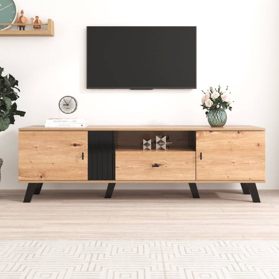 Sweiko 172cm TV kast met hout en zwart ontwerp TV meubels lowboard met laden veelzijdige opslagfuncties unieke uitstraling