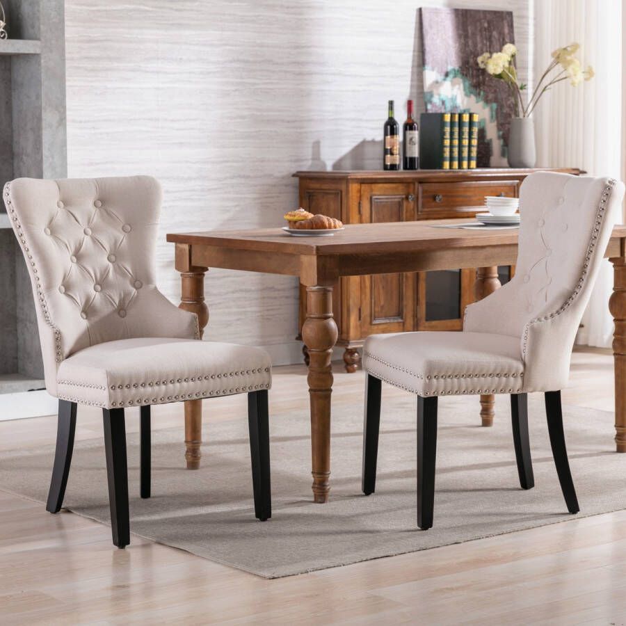 Sweiko 2-delig Linnen Eetkamerstoel Slaapkamer Stoel met Eiken Benen Knop Chroom Kloper en Nagelhoofd Trim Keuken Stoel Woonkamer Lounge Leisure Stoel Beige