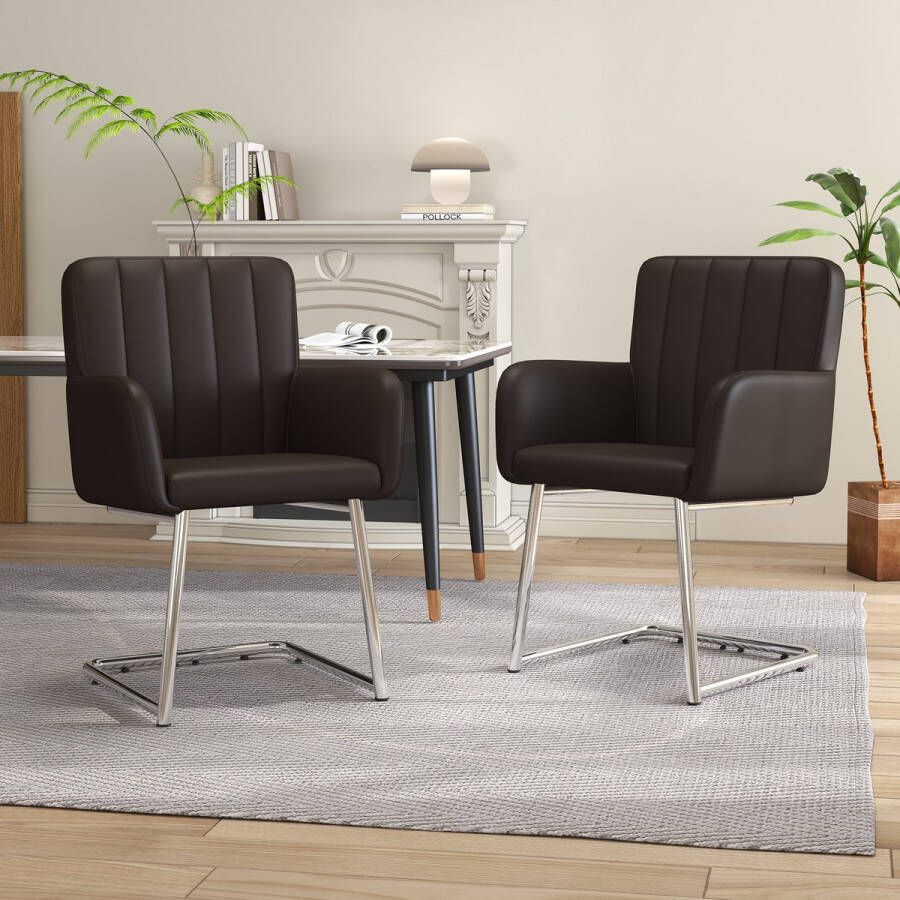 Sweiko 2-delige eetkamer stoelen met verticale strepen gestoffeerde fauteuil met zigzag metalen benen lounge stoel woonkamer stoel voor slaapkamer werkkamer en bureau synthetisch leer zwart bruin