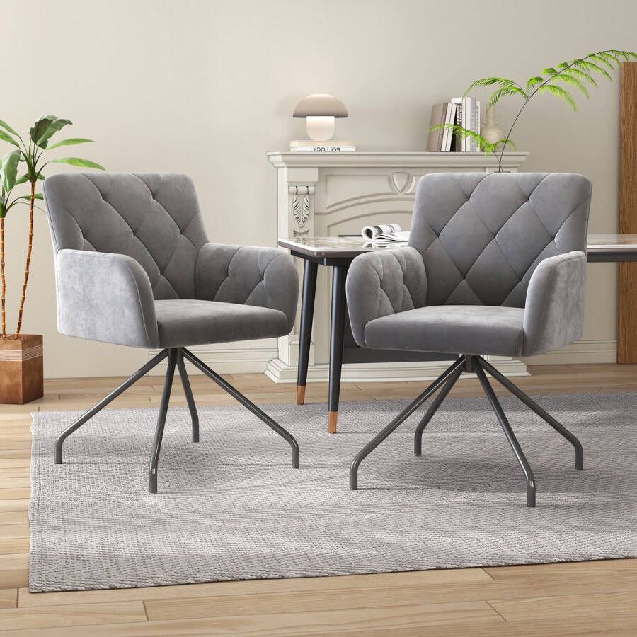 Sweiko 2-delige eetkamerstoel gewatteerde fauteuil met 4-metalen poten moderne loungestoel woonkamer stoel voor slaapkamer studio en tafel taillesteun fluweel lichtgrijs