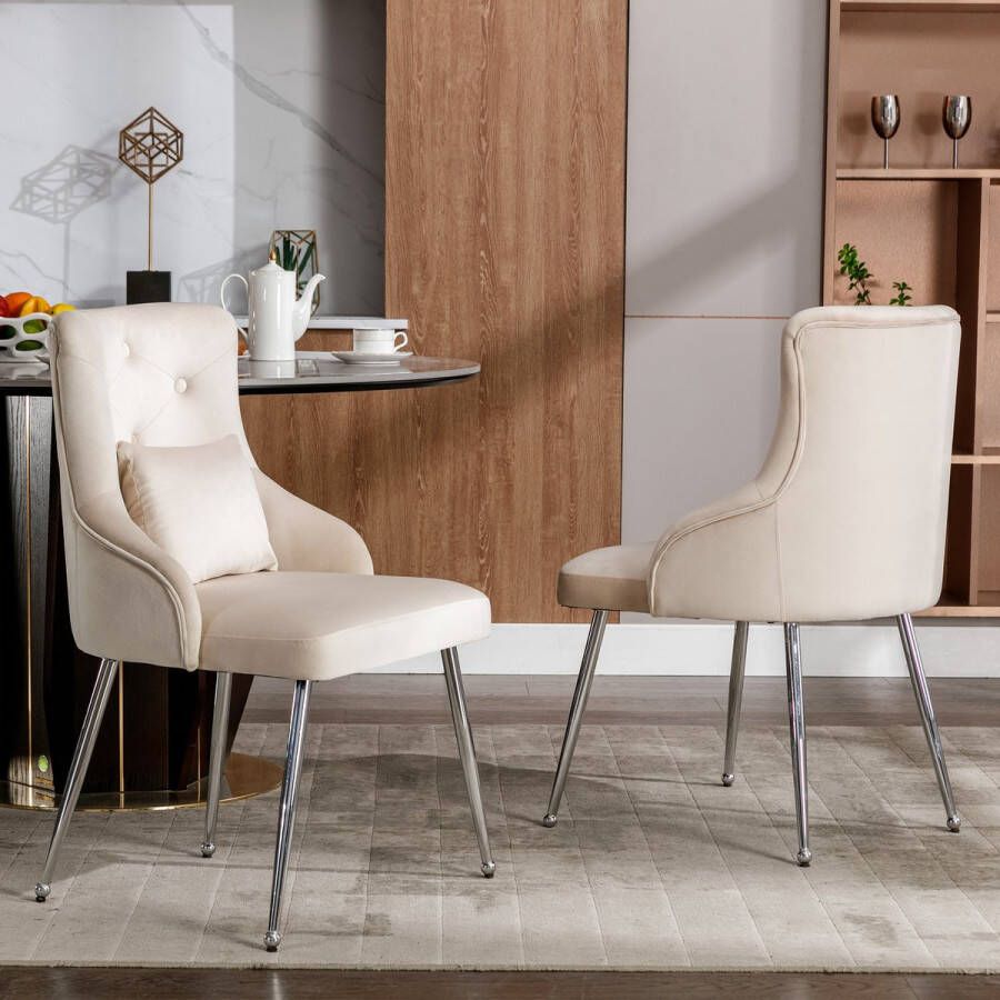 Sweiko 2-delige eetkamerstoel met knooppatroon gestoffeerde fauteuil stoelen met metalen poten moderne lounge stoel slaapkamer woonkamer stoel met lumbale kussen Beige