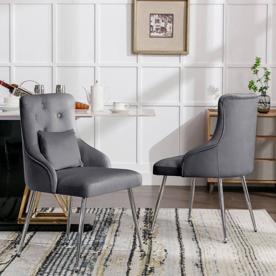 Sweiko 2-delige eetkamerstoel met knooppatroon gestoffeerde fauteuil stoelen met metalen poten moderne lounge stoel slaapkamer woonkamer stoel met lumbale kussen Grijs