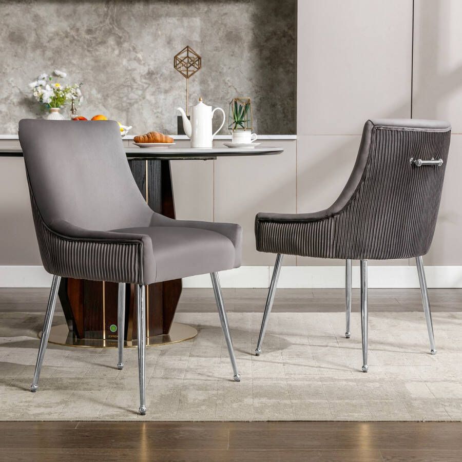 Sweiko 2-delige eetkamerstoel met verticale strepen gestoffeerde fauteuil metalen beenstoel met metalen handvat moderne lounge stoel slaapkamer woonkamer stoel Grijs