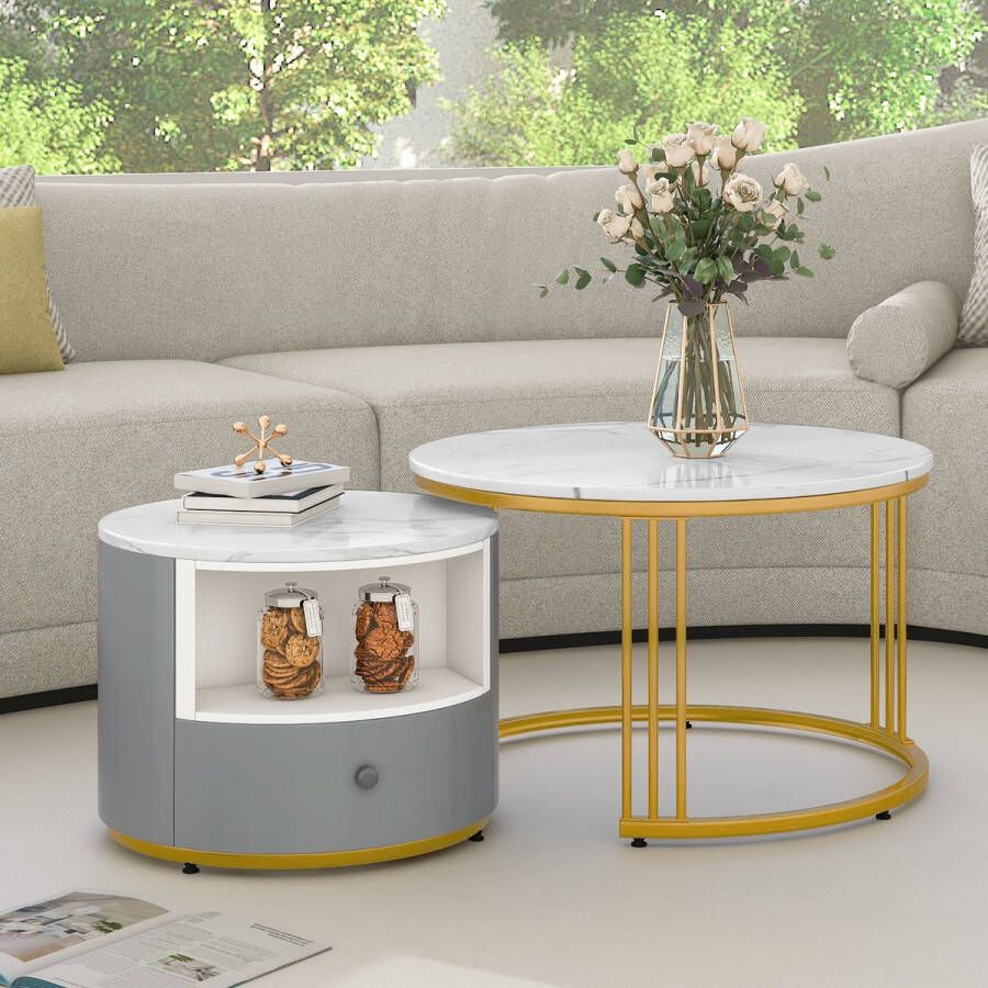 Sweiko 2-delige salontafel set ronde tafel woonkamer ronde metalen frame rand tafel woonkamer witte moderne geneste tafel wit en goud imitatie marmer tafelblad