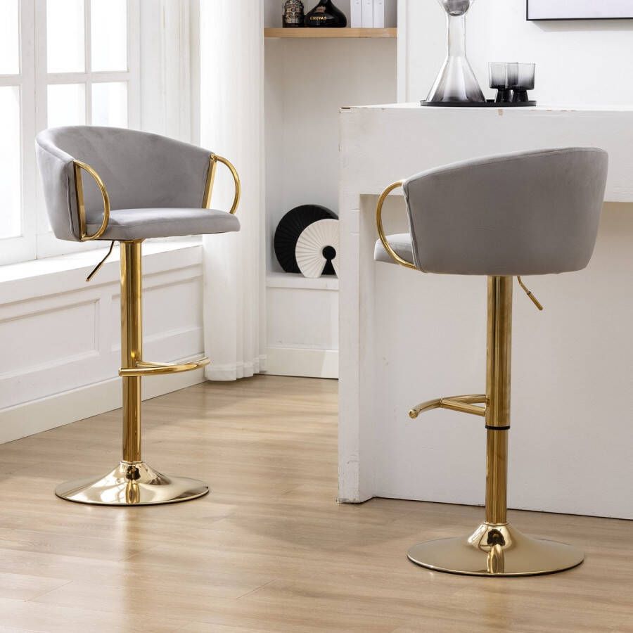 Sweiko 2-delige set van fluwelen barstoelen fauteuils eetkamerstoelen woonkamer slaapkamer draaistoelen ronde frames Grijs