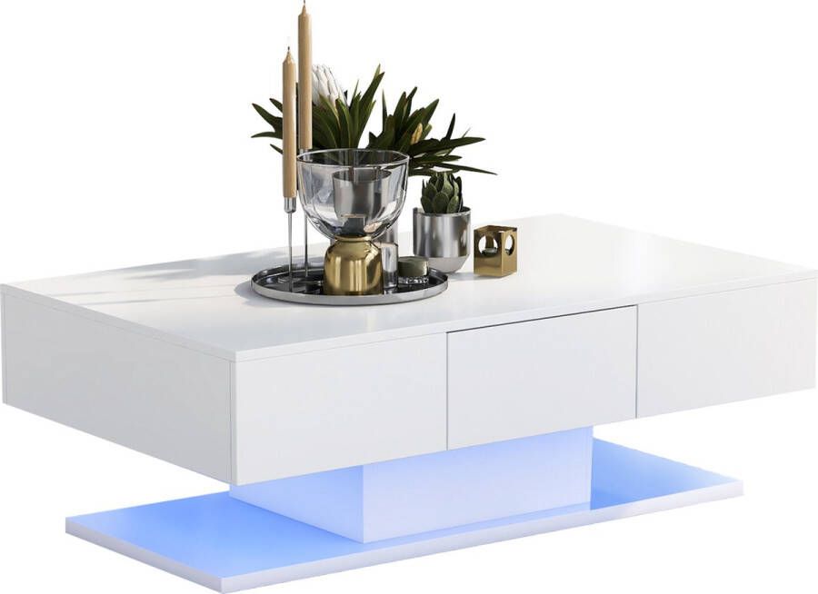 Sweiko 2-lade salontafel moderne hoogglans salontafel in woonkamer met witte lades LED verlichte salontafel 100*60*35cm Wit