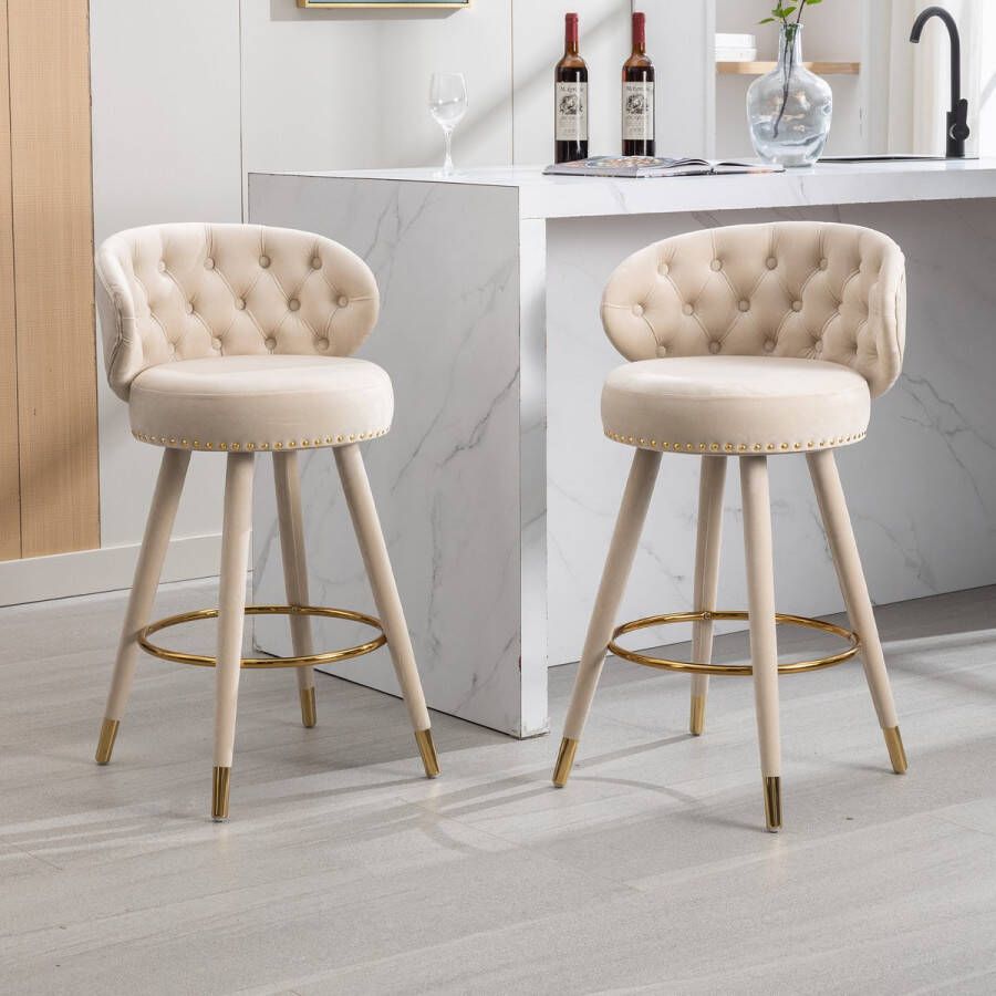 Sweiko 2 sets Fluweel 360° draaiende barkrukken eetkamerstoelen klinknagels ontwerp houten poten huis keukeneiland ontbijtbar restaurant