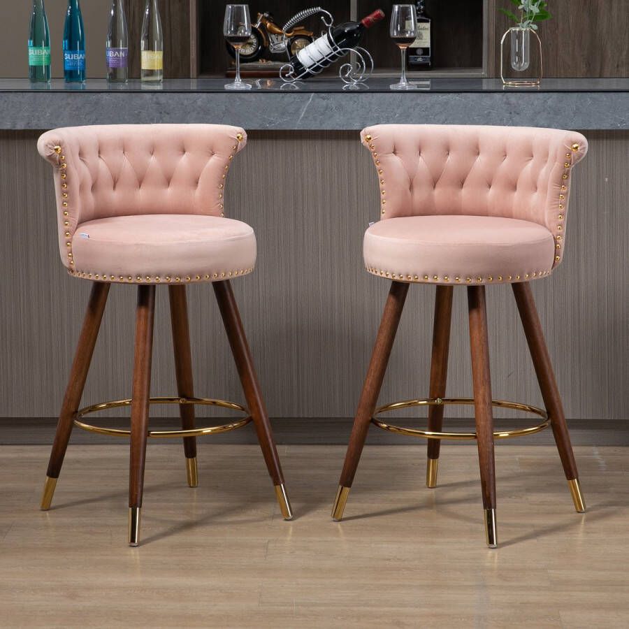 Sweiko 2 sets Fluweel 360° draaiende barkrukken eetkamerstoelen klinknagels ontwerp houten poten huis keukeneiland ontbijtbar restaurant